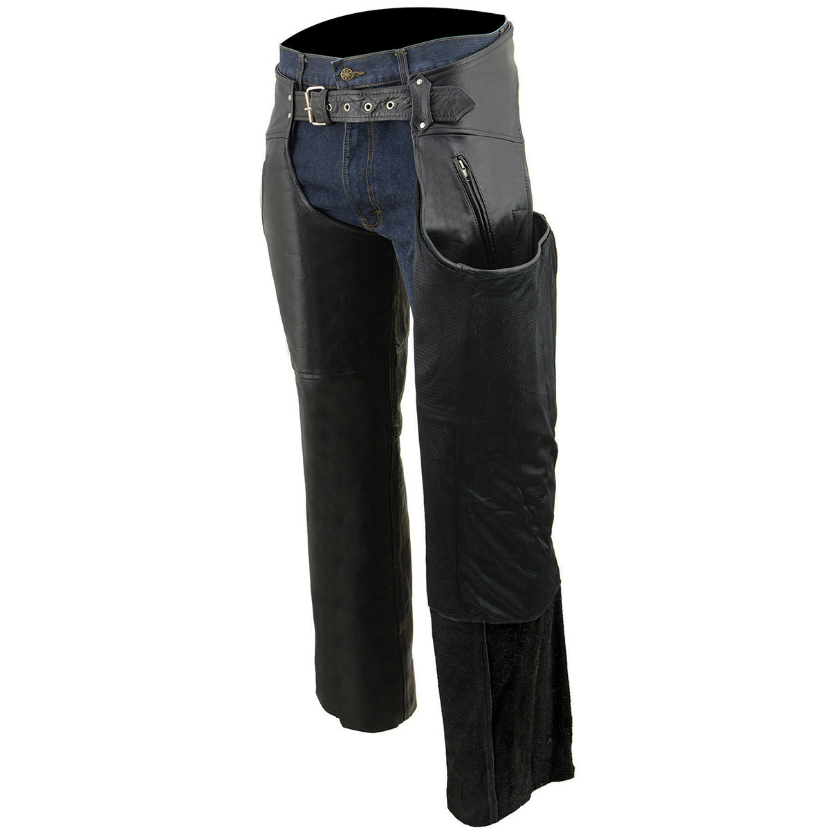 Universal Rider Chaps Milwaukee Leather Chaps for Men's Black Leather Dual Side Thigh Zipper