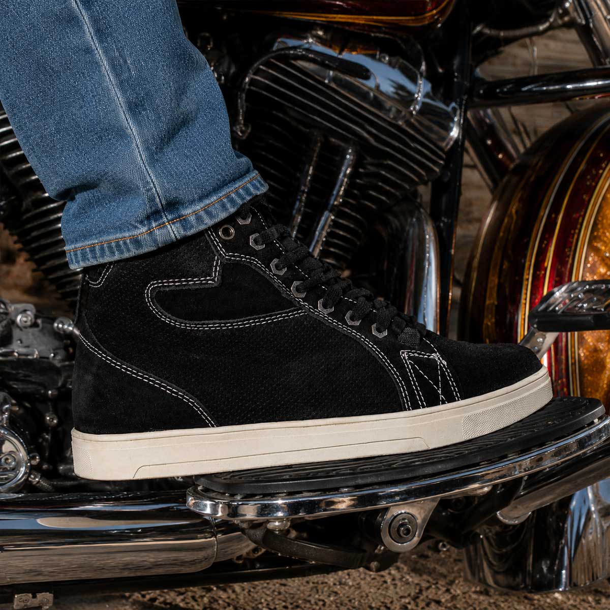 Milwaukee Leather Men's Roadstitch Black Suede Reinforced Street Riding Shoes w/ White Stitching - MBM9107