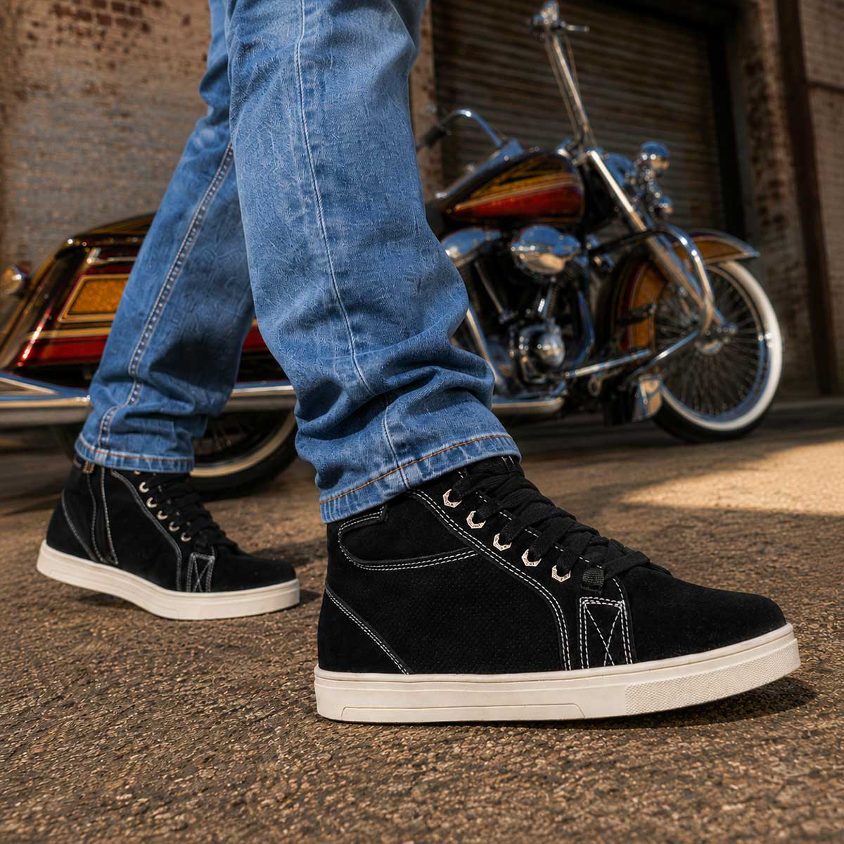 Milwaukee Leather Men's Roadstitch Black Suede Reinforced Street Riding Shoes w/ White Stitching - MBM9107