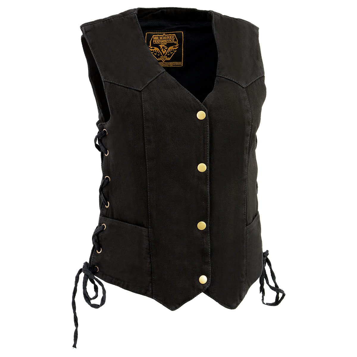 Milwaukee Leather Damen Denim-Vest – Schwarz, Mit 6 Taschen & Seitenschnürung, 100% Baumwolle