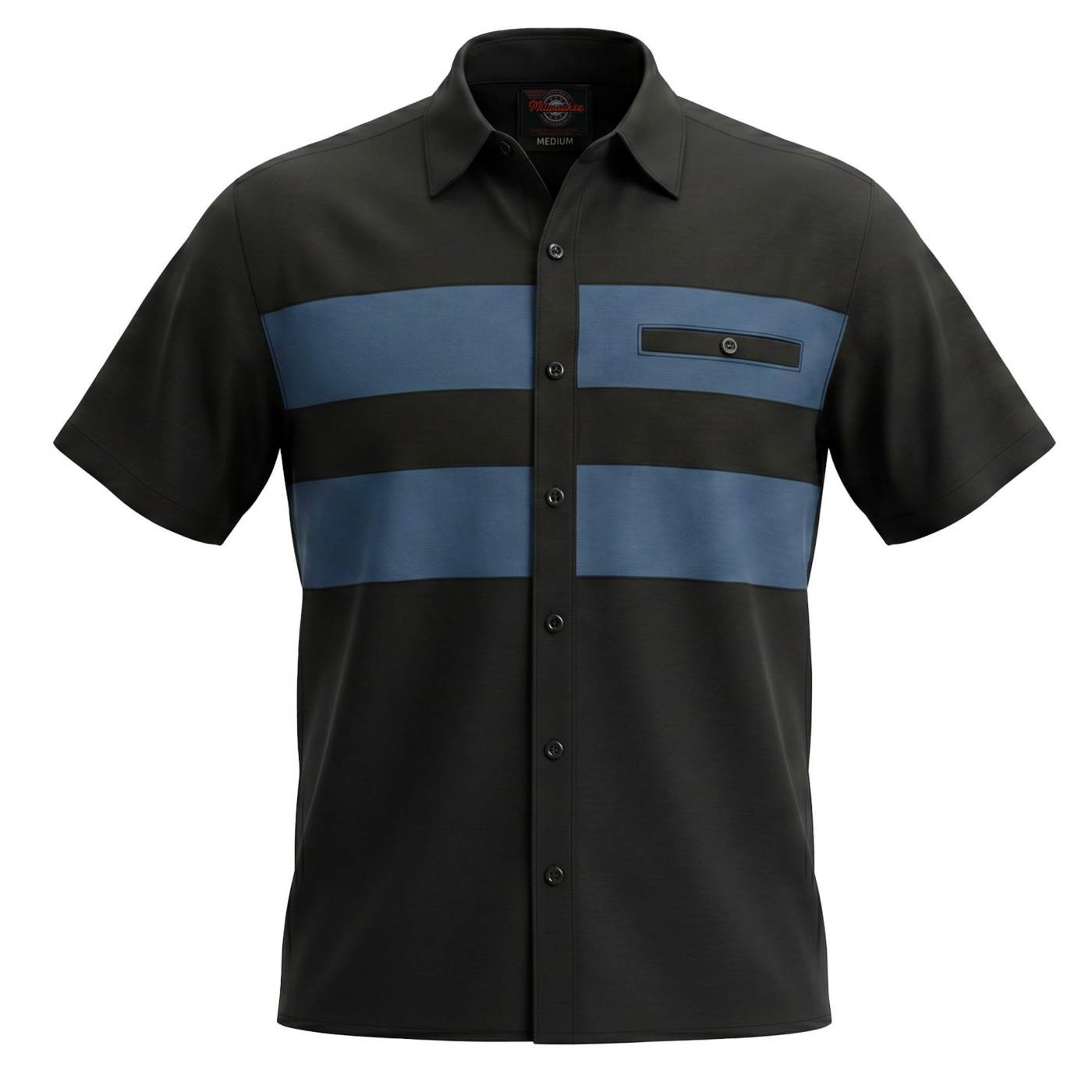 MMCC Men’s 'Double Down' Black/Blue Short Sleeve Mechanic Work Shirt - w/ Single Pocket - MDM11626