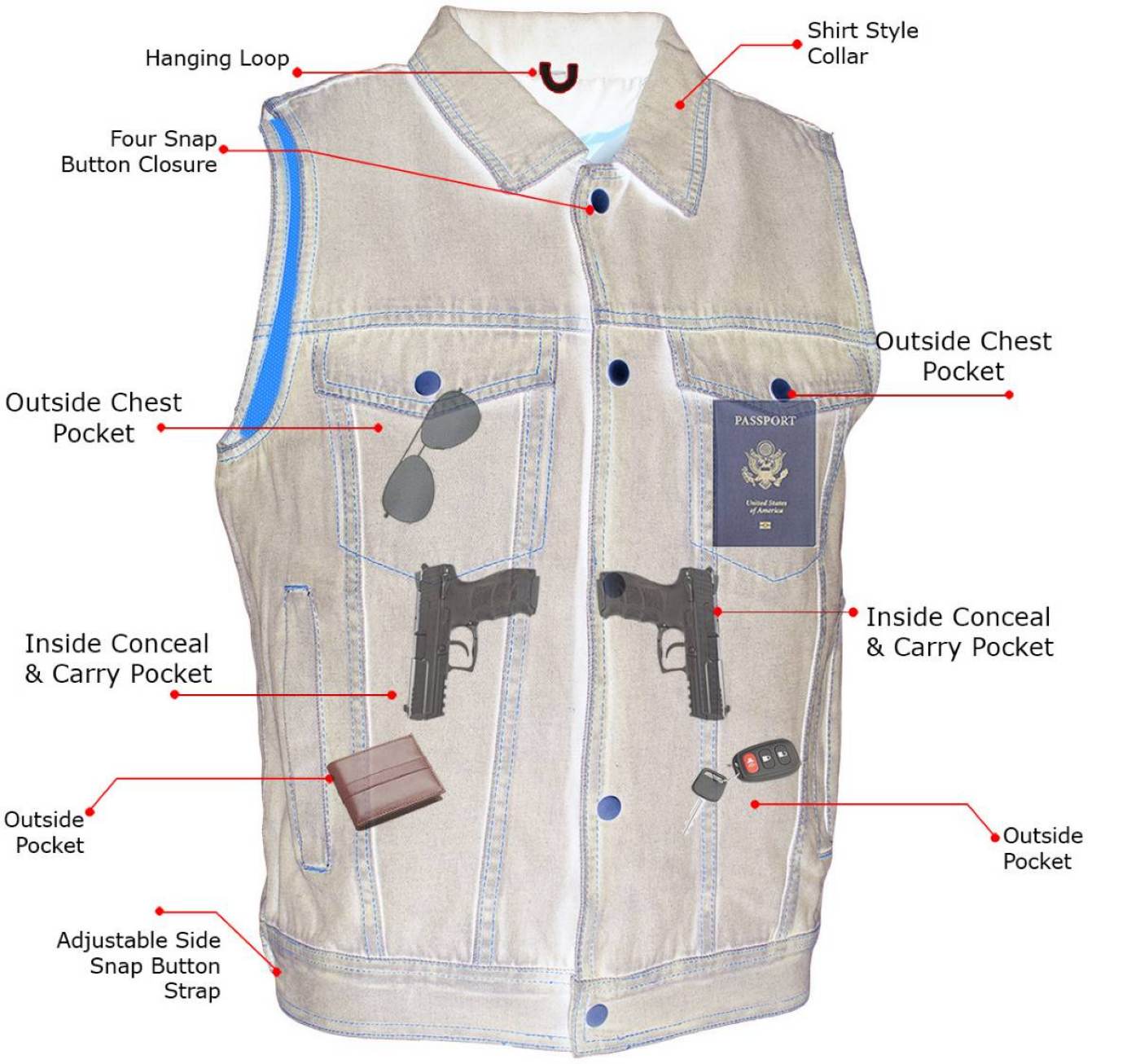 Milwaukee Leather Men's Outrider Blue Denim Motorcycle Rider Vest with Shirt Collar - MDM3080