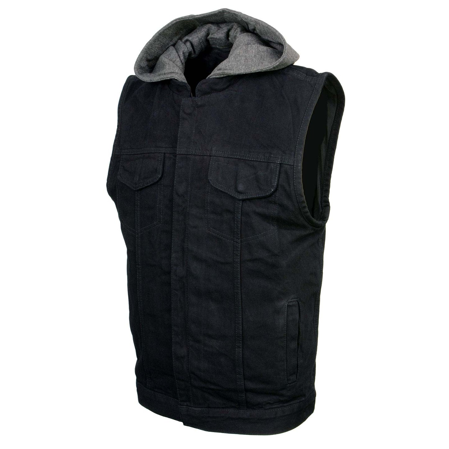 Milwaukee Leather Men's Rustic Black Denim Motorcycle Riding Vest with Removable Hoodie - MDM3082