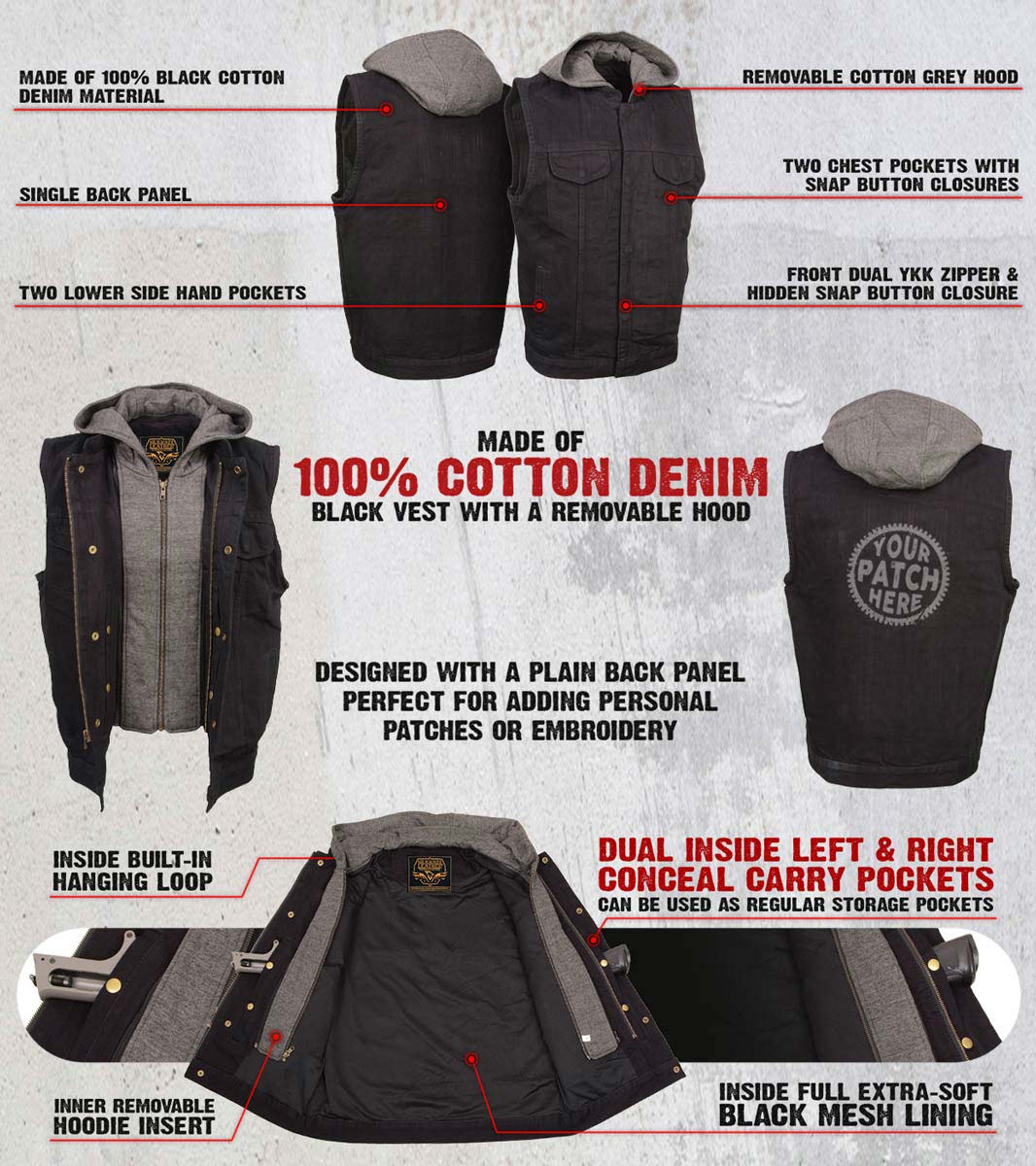 Milwaukee Leather Men's Rustic Black Denim Motorcycle Riding Vest with Removable Hoodie - MDM3082
