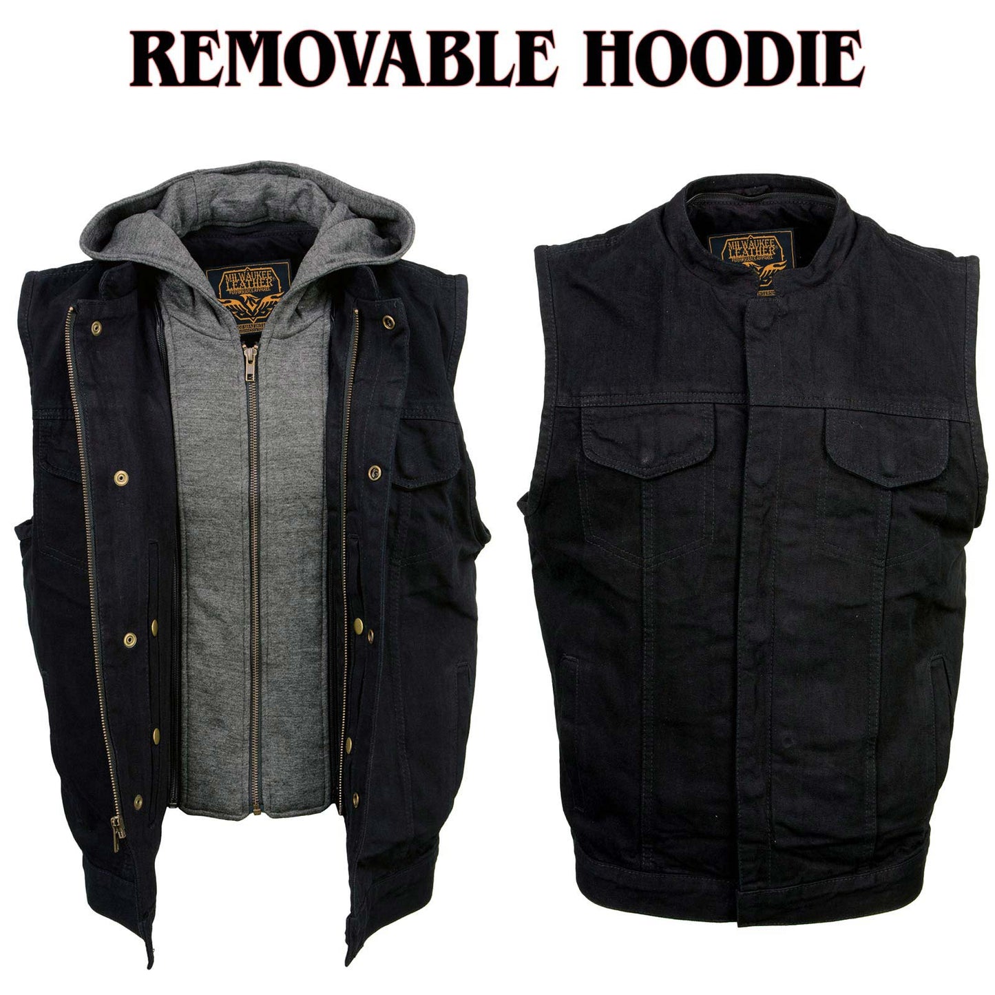 Milwaukee Leather Men's Rustic Black Denim Motorcycle Riding Vest with Removable Hoodie - MDM3082