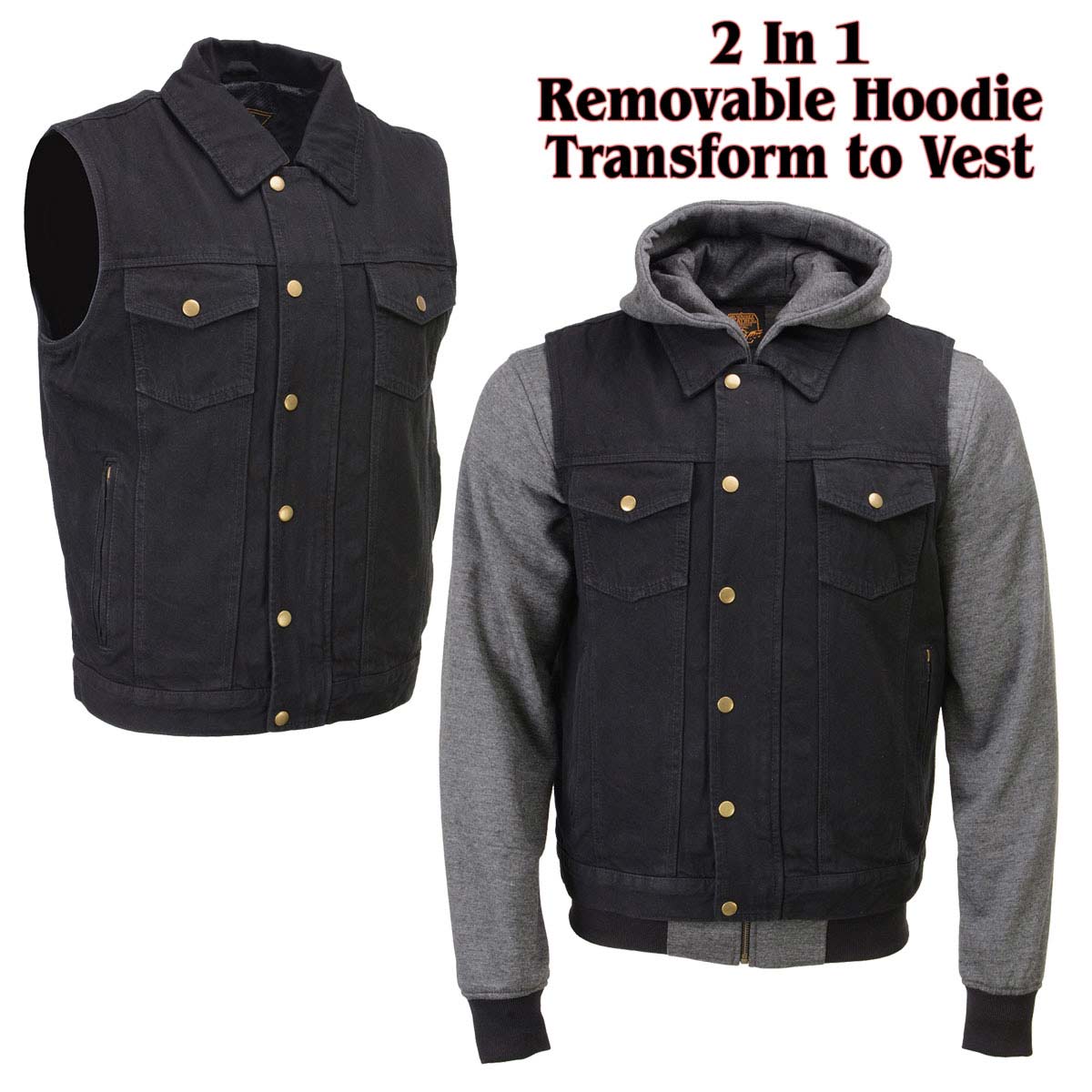 Milwaukee Leather Men's s Black Denim Club Style Motorcycle Vest w/ Removable Hoodie - MDM3083