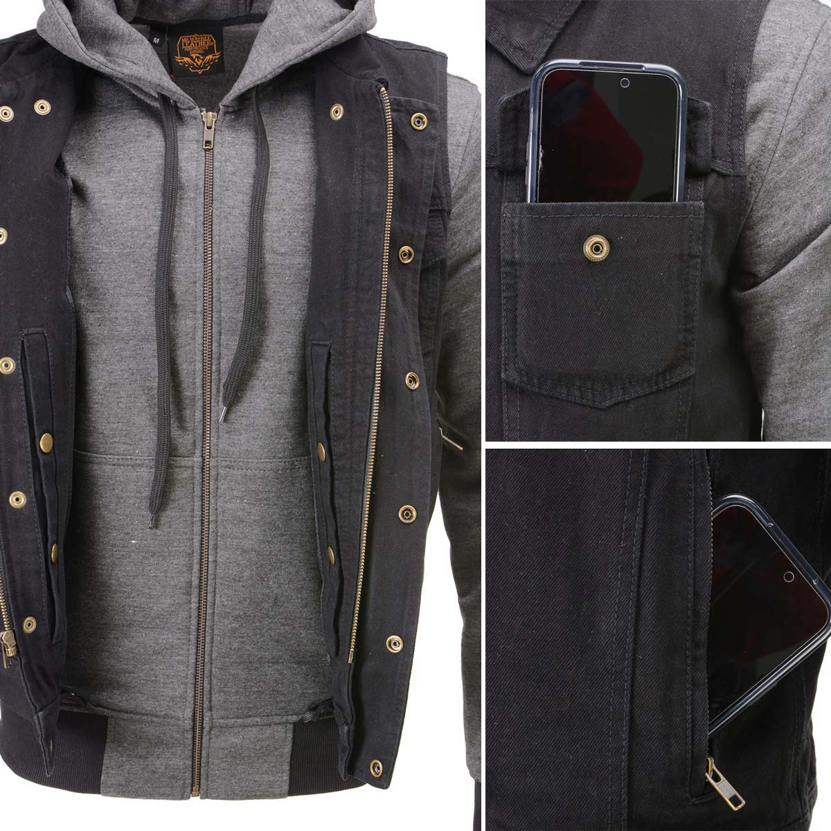 Milwaukee Leather Men's s Black Denim Club Style Motorcycle Vest w/ Removable Hoodie - MDM3083
