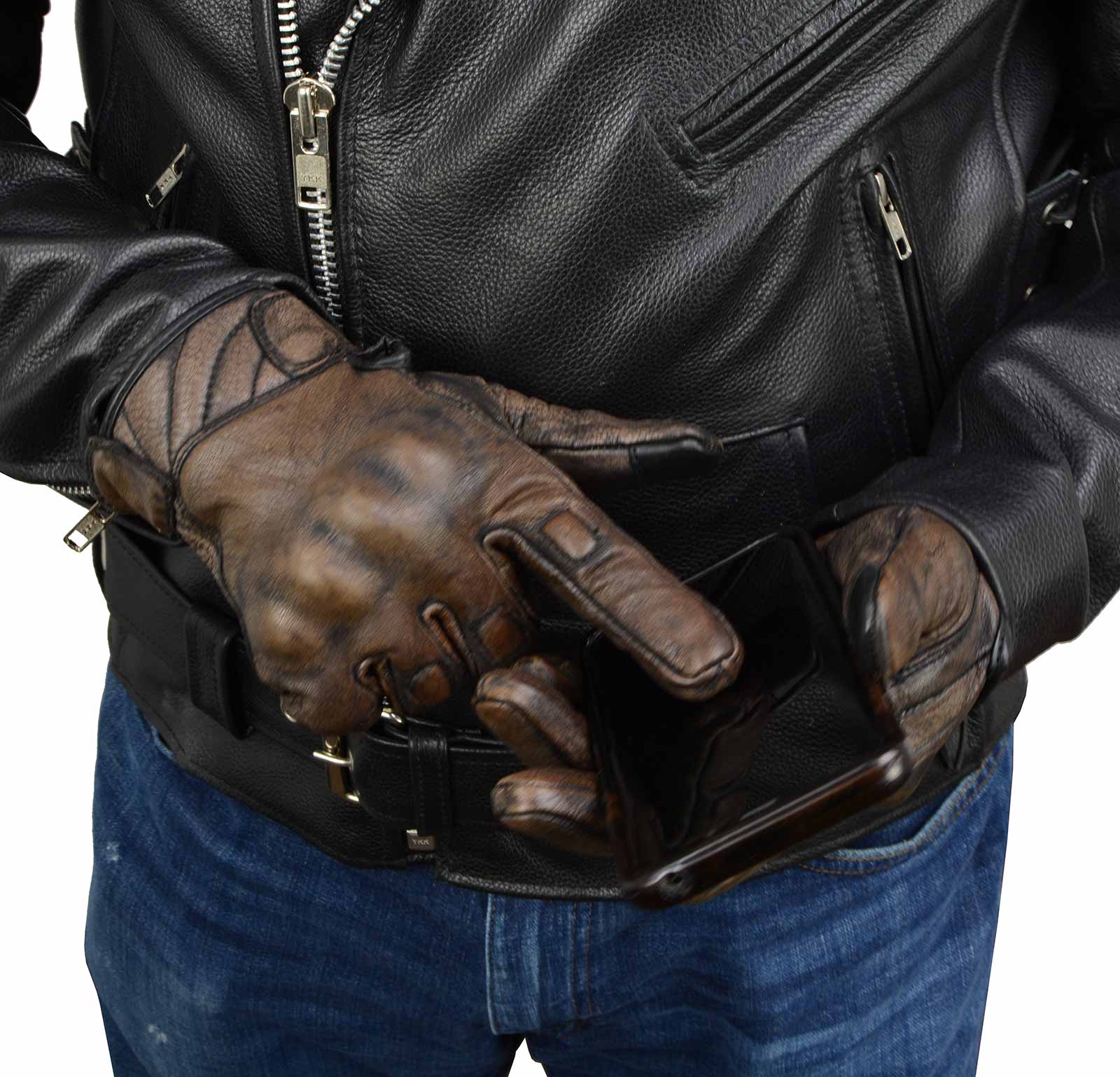 Milwaukee Leather MG7514 Men's Brown Leather with Gel Palm Motorcycle Gloves W/ Protective Knuckle