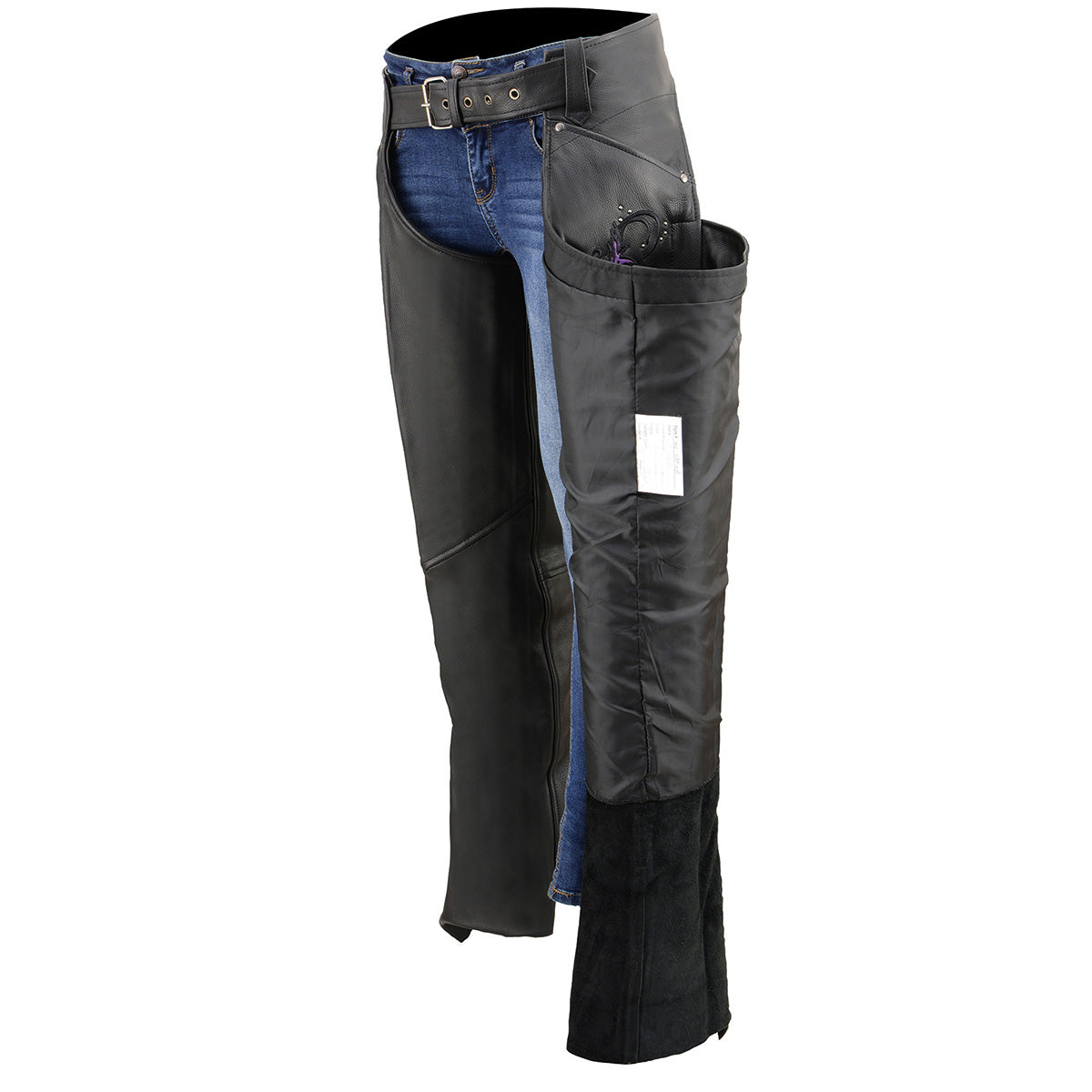 Milwaukee Leather Women's Classic Black Premium Leather Motorcycle Chaps w/ Purple Wing Embroidery-ML1179