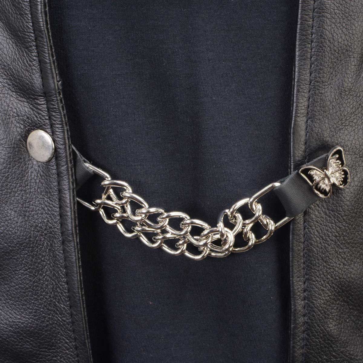 Milwaukee Leather Sparkle Butterfly Medallion Vest Extender - Double Chrome Chains Genuine Leather 6.5" Extension MLA1022-Single