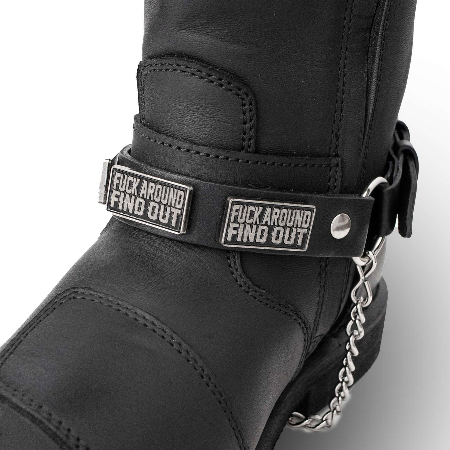 Milwaukee Leather Motorcycle Boot Chain – Silver Chain & Buckle, F‑Around – Find Out Text Accent - ML3009