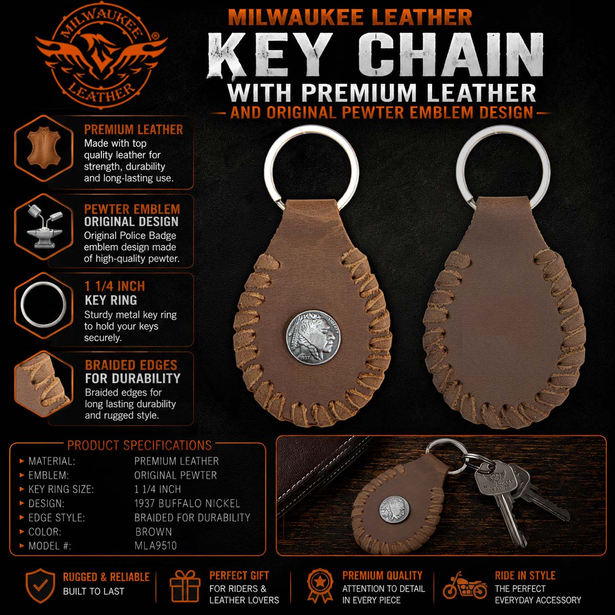 Milwaukee Leather Brown 1937 Buffalo Nickel Keychain - Vintage Indian Head Coin - MLA9510