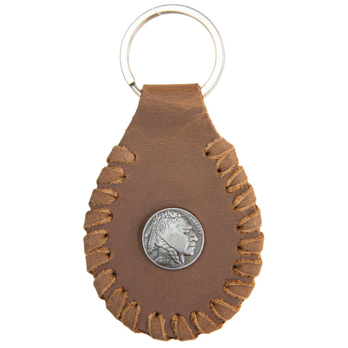 Milwaukee Leather Brown 1937 Buffalo Nickel Keychain - Vintage Indian Head Coin - MLA9510