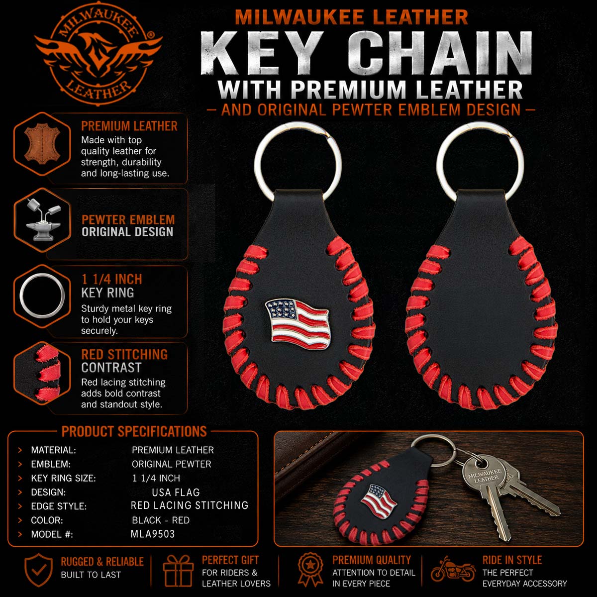 Milwaukee Leather Black and Red USA Flag Pewter Emblem Key Chain - MLA9514
