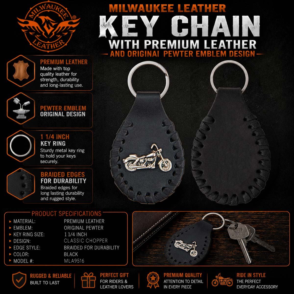 Milwaukee Leather Classic Chopper Pewter Emblem Key Chain - MLA9516