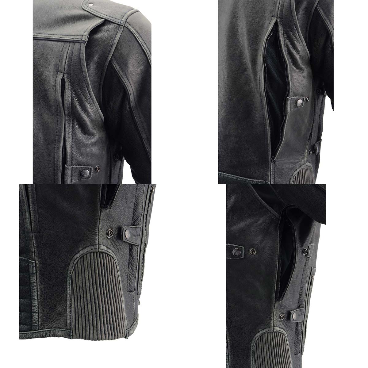 Milwaukee Leather MLM1536 Mens Vintage Distressed Grey Leather Scooter Style Motorcycle Jacket - Reflective Piping