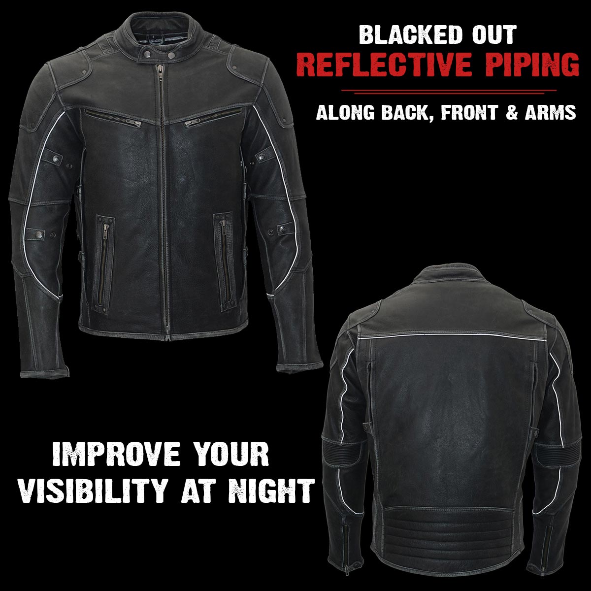 Milwaukee Leather MLM1536 Mens Vintage Distressed Grey Leather Scooter Style Motorcycle Jacket - Reflective Piping