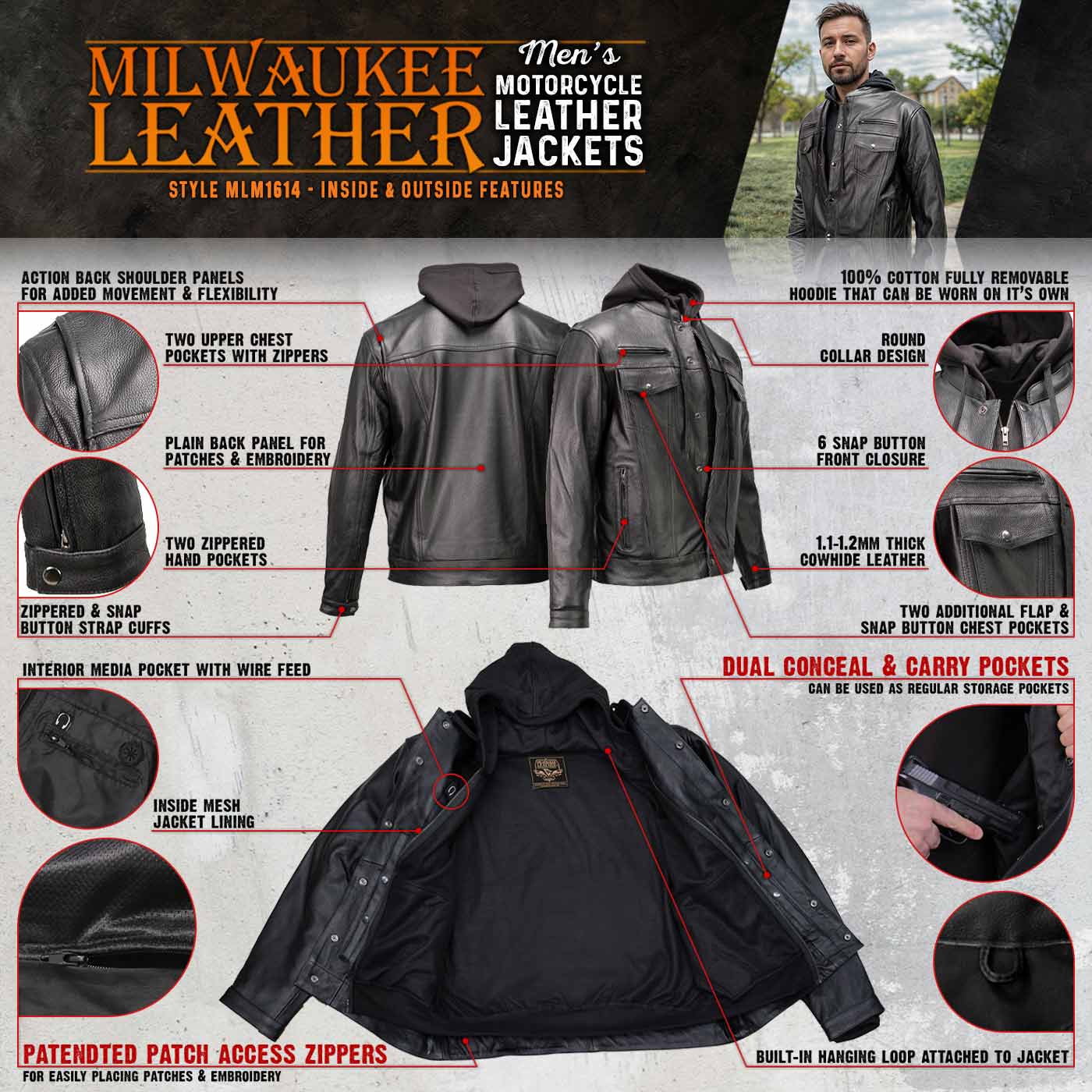 Milwaukee Leather Men's Leather Shirt Jacket with Removable Hoodie and Patch Access - MLM1614