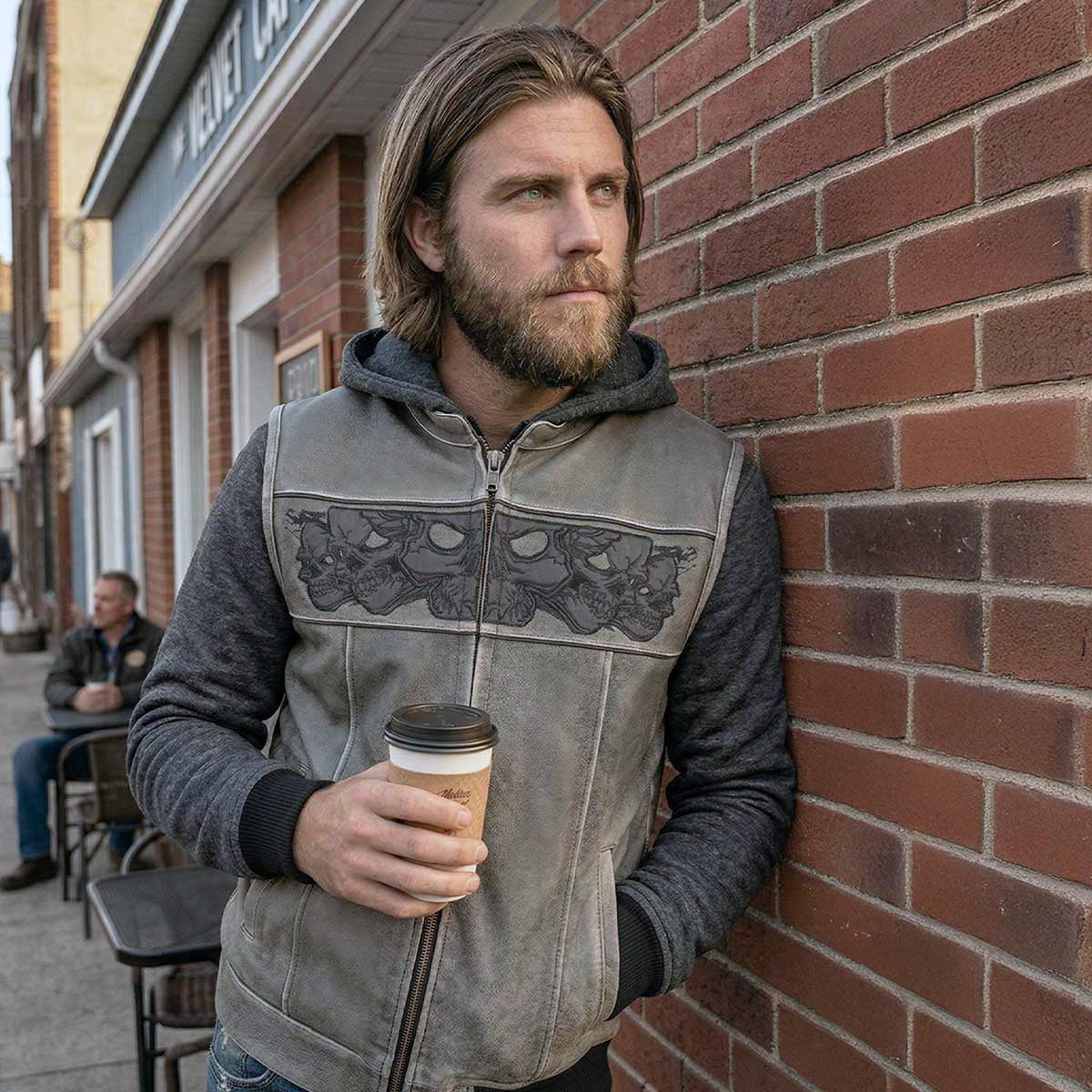 Milwaukee Leather MLM3562 Men's Hell Raiser 2 in 1 Distress Grey Leather Vest w/ Removeable Hoodie - Reflective Skull Artwork