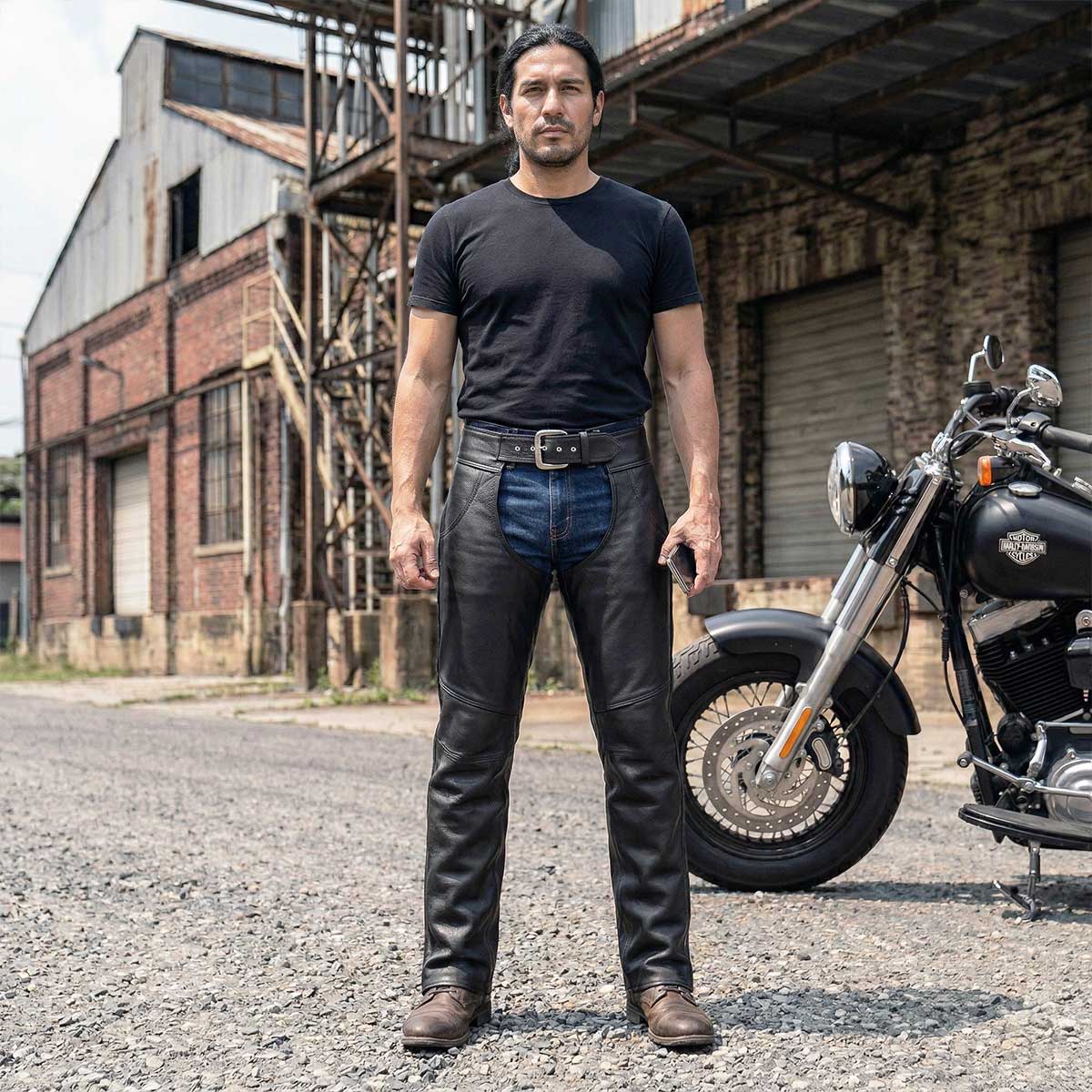 Milwaukee Leather USA MADE MLM5570 Men's Black Enfold Classic Premium Leather Motorcycle Chaps with Jean Pockets