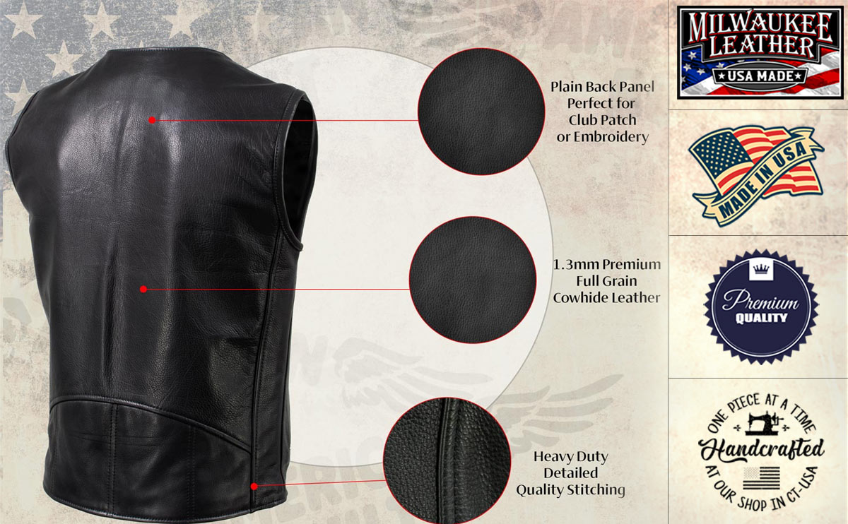 Milwaukee Leather USA MADE MLVSM5009 Men's Black Slinger V-Neck Motorcycle Premium Leather Zippered Vest