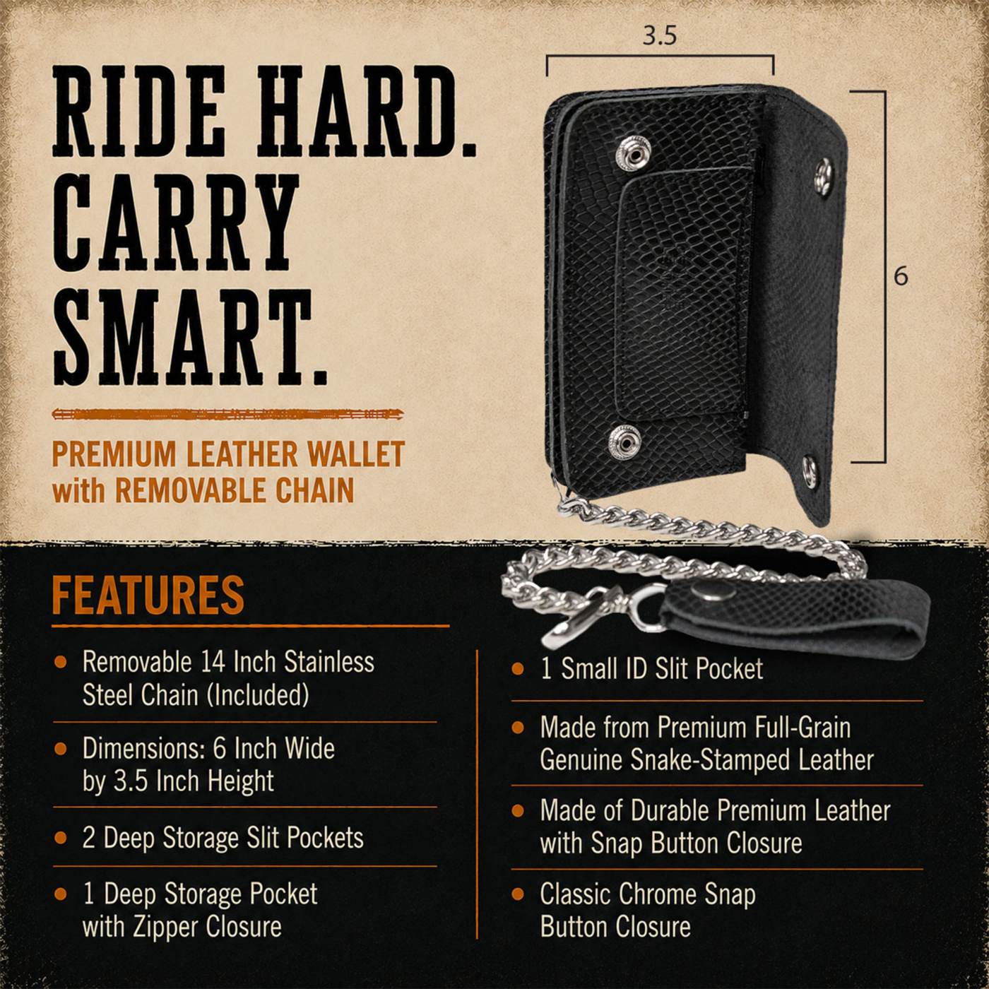 Milwaukee Leather Black Full-Grain Snake-Stamped Biker Chain Wallet - MLW7848
