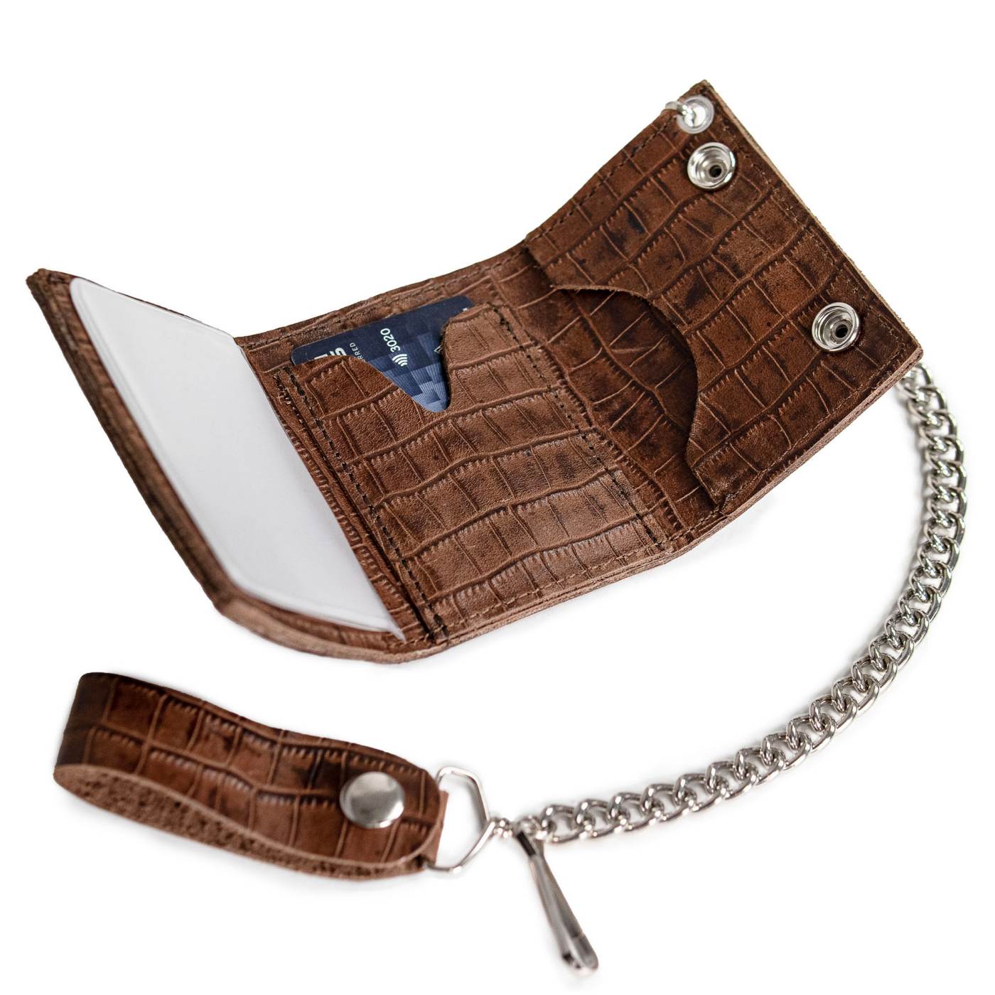 Milwaukee Leather Brown Full-Grain Crocodile-Stamped Tri-Fold Chain Wallet - MLW7849