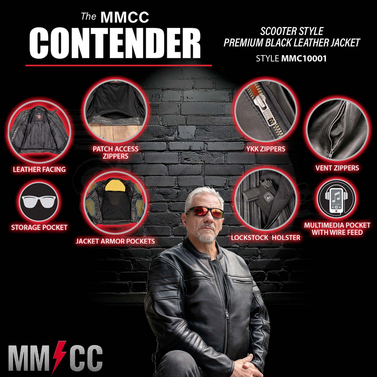 Milwaukee Motorcycle Clothing Co. Men's Contender Scooter Style Black Premium Leather Jacket MMC10001