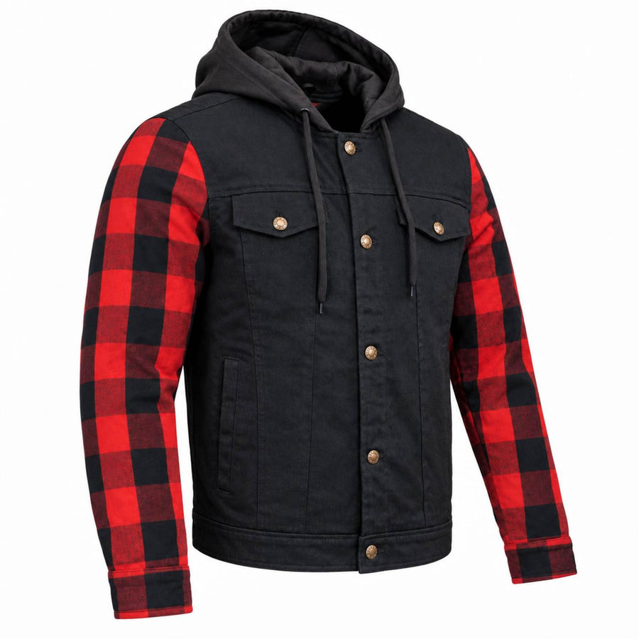 MMCC Men's Gridlock Black/Red 14 oz Denim & Plaid Armored Hooded Motorcycle Jacket - MMC10100