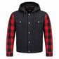 MMCC Men's Gridlock Black/Red 14 oz Denim & Plaid Armored Hooded Motorcycle Jacket - MMC10100