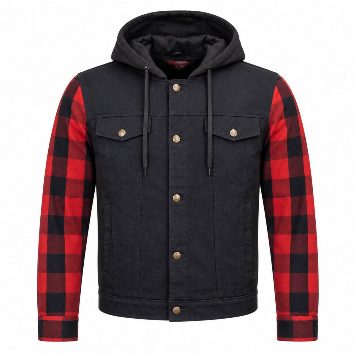 MMCC Men's Gridlock Black/Red 14 oz Denim & Plaid Armored Hooded Motorcycle Jacket - MMC10100