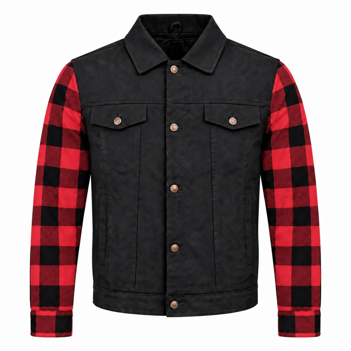 MMCC Men's Gridlock Black/Red 14 oz Denim & Plaid Armored Hooded Motorcycle Jacket - MMC10100