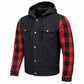 MMCC Men's Gridlock Black/Red 14 oz Denim & Plaid Armored Hooded Motorcycle Jacket - MMC10100