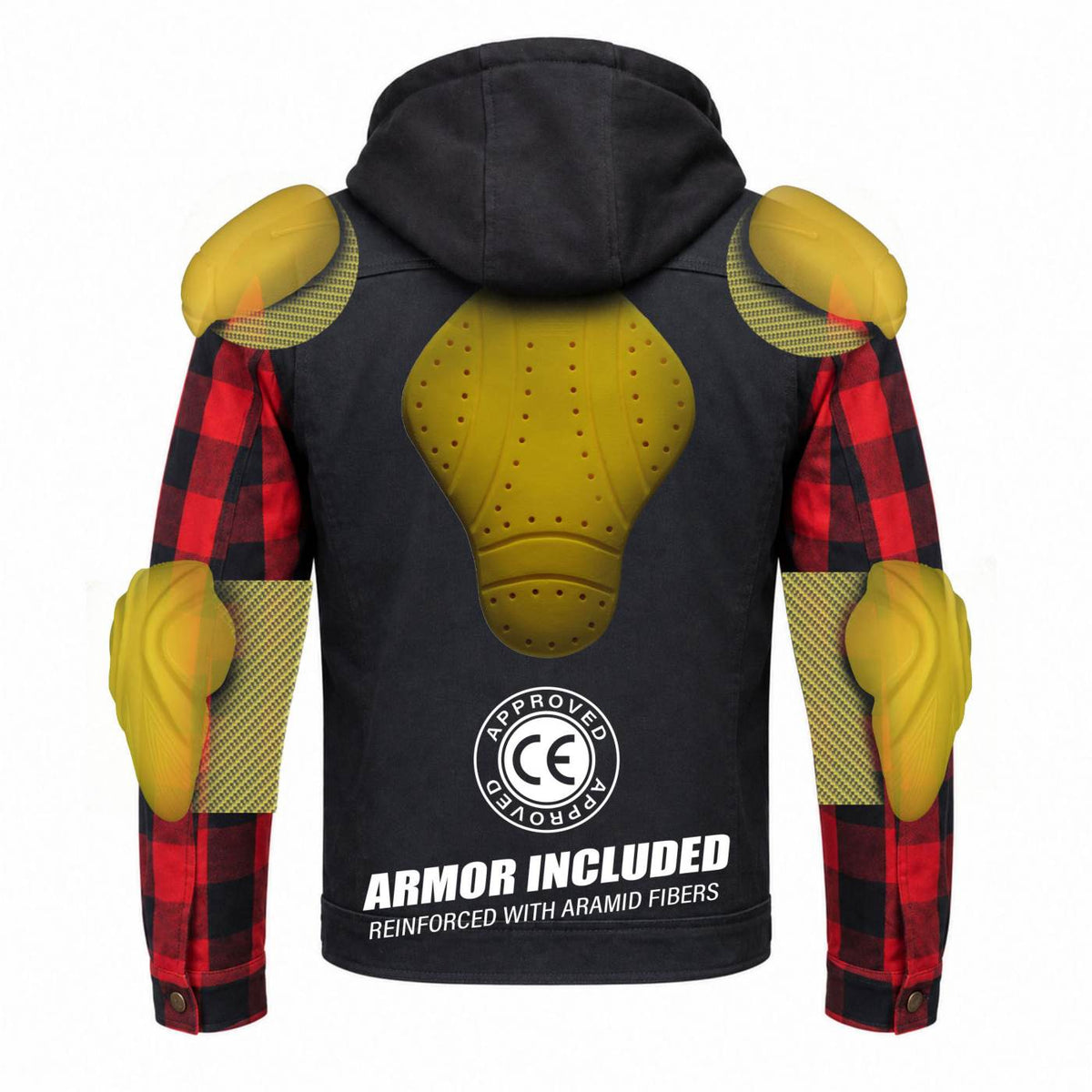 MMCC Men's Gridlock Black/Red 14 oz Denim & Plaid Armored Hooded Motorcycle Jacket - MMC10100
