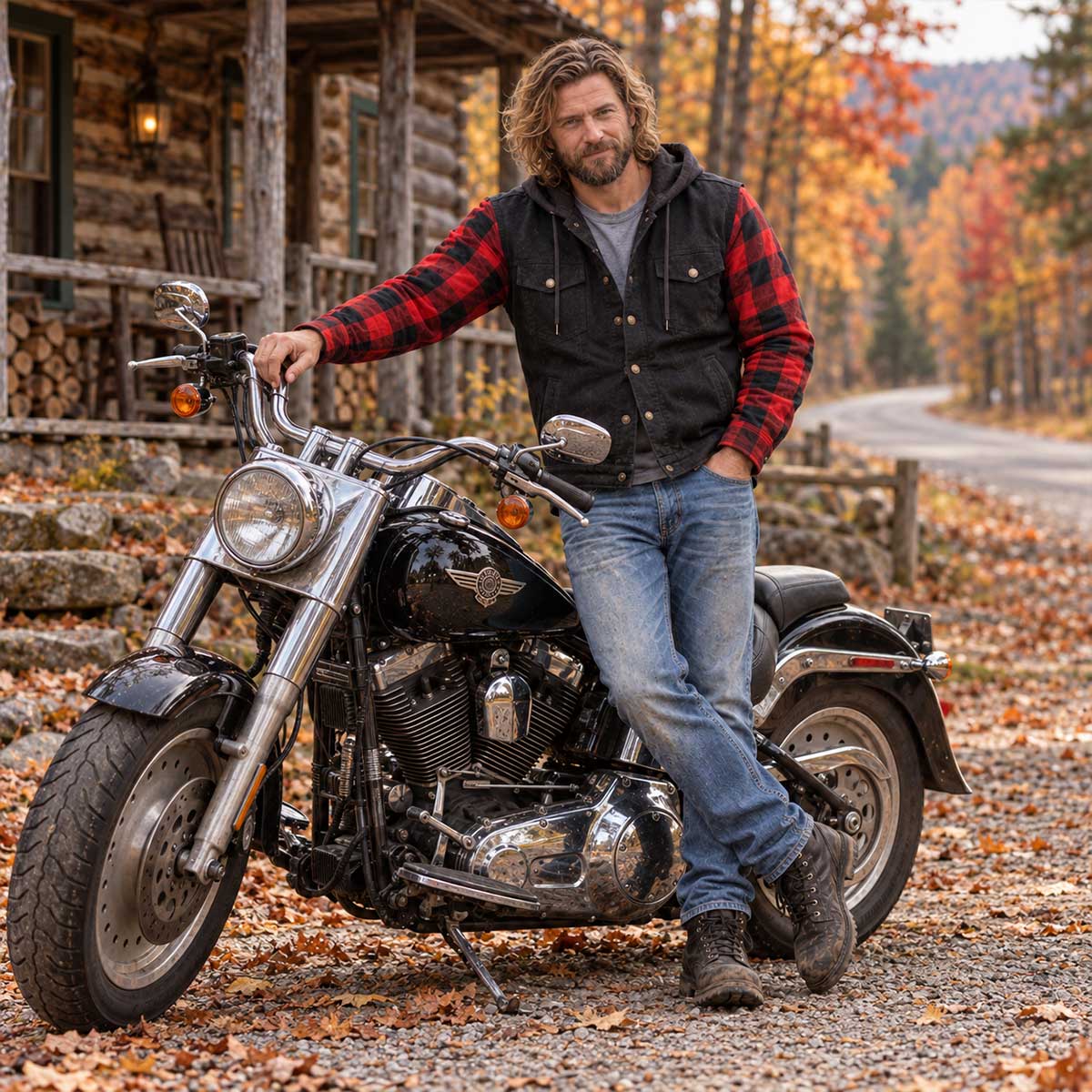 MMCC Men's Gridlock Black/Red 14 oz Denim & Plaid Armored Hooded Motorcycle Jacket - MMC10100
