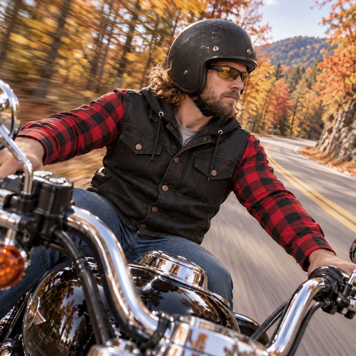 MMCC Men's Gridlock Black/Red 14 oz Denim & Plaid Armored Hooded Motorcycle Jacket - MMC10100