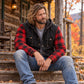 MMCC Men's Gridlock Black/Red 14 oz Denim & Plaid Armored Hooded Motorcycle Jacket - MMC10100
