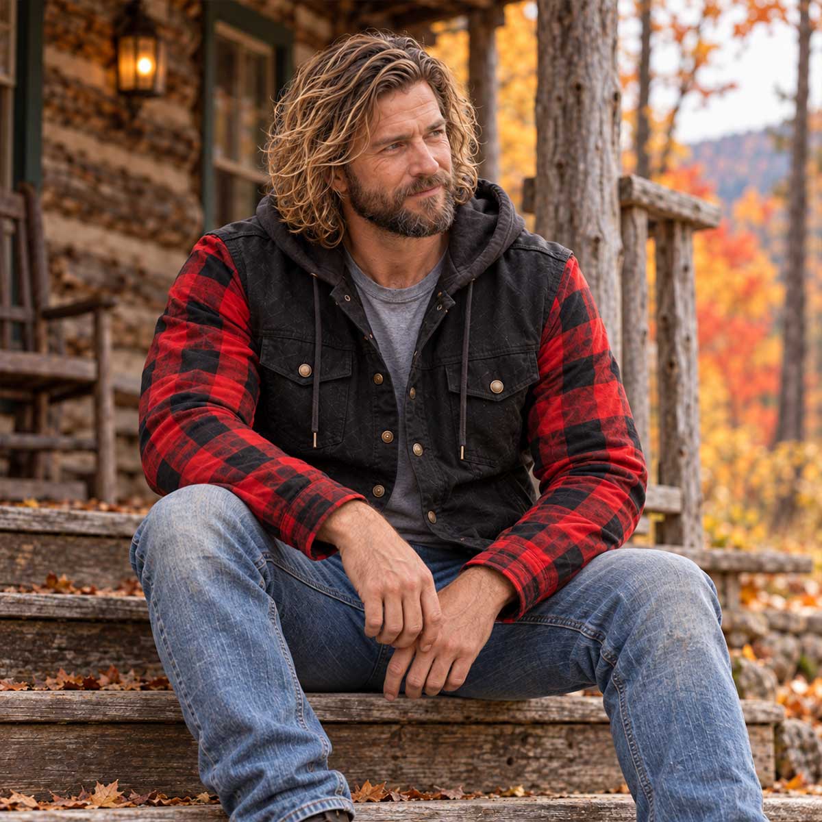 MMCC Men's Gridlock Black/Red 14 oz Denim & Plaid Armored Hooded Motorcycle Jacket - MMC10100