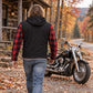 MMCC Men's Gridlock Black/Red 14 oz Denim & Plaid Armored Hooded Motorcycle Jacket - MMC10100