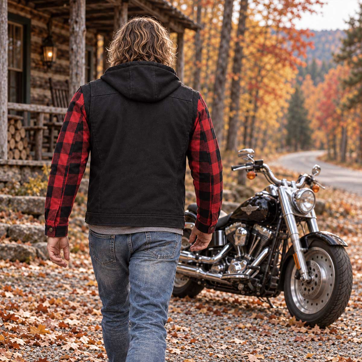 MMCC Men's Gridlock Black/Red 14 oz Denim & Plaid Armored Hooded Motorcycle Jacket - MMC10100