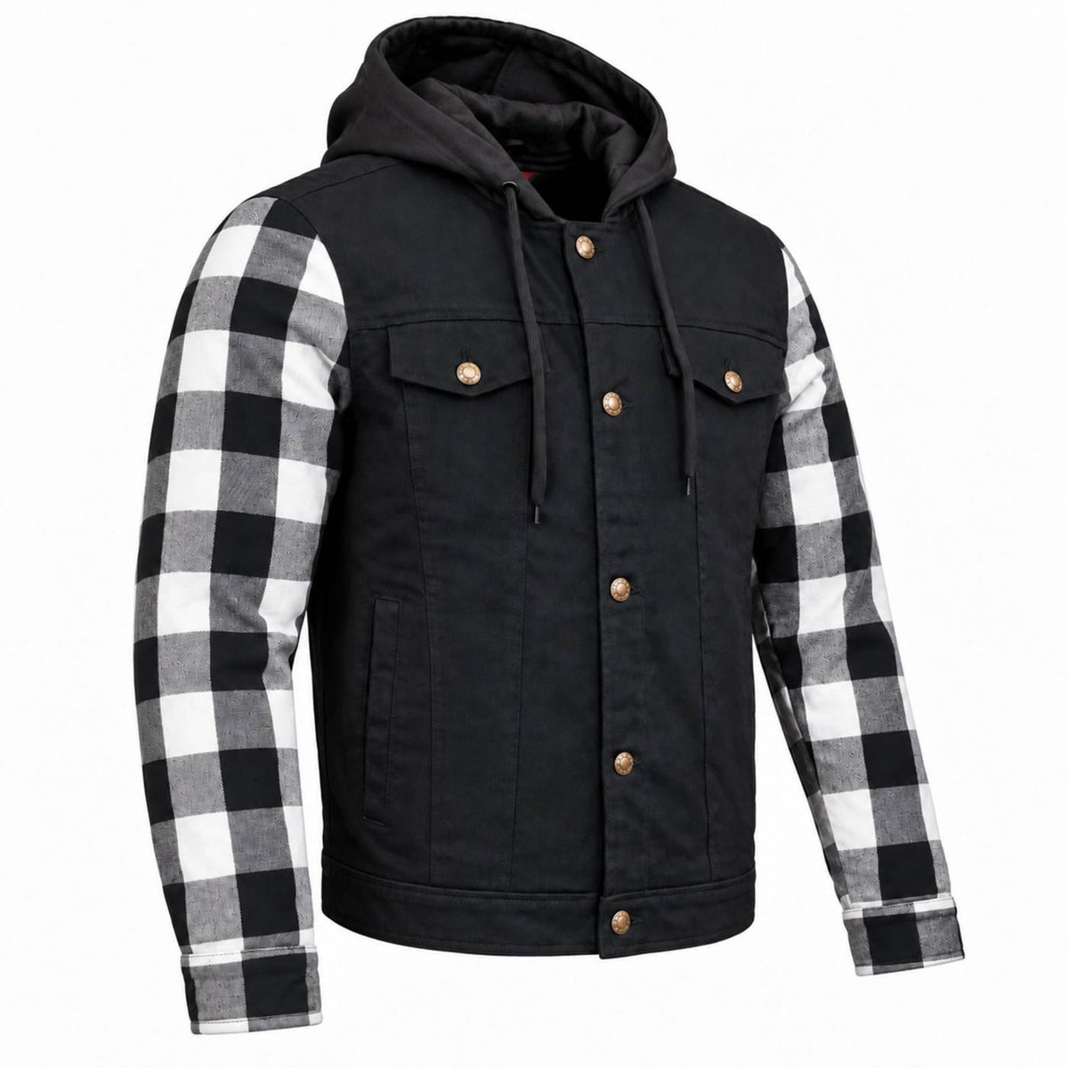 MMCC Men's Gridlock Black/White 14 oz Denim & Plaid Armored Hooded Motorcycle Jacket - MMC10101