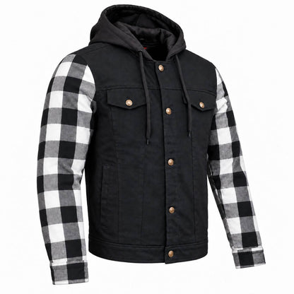 MMCC Men's Gridlock Black/White 14 oz Denim & Plaid Armored Hooded Motorcycle Jacket - MMC10101