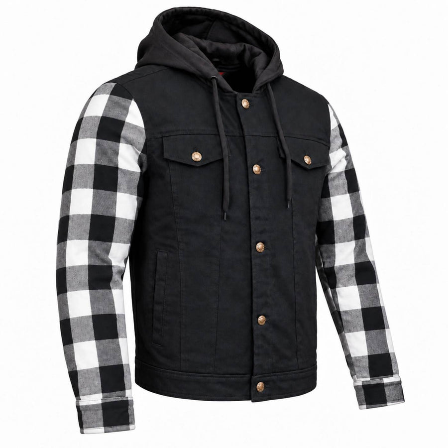 MMCC Men's Gridlock Black/White 14 oz Denim & Plaid Armored Hooded Motorcycle Jacket - MMC10101
