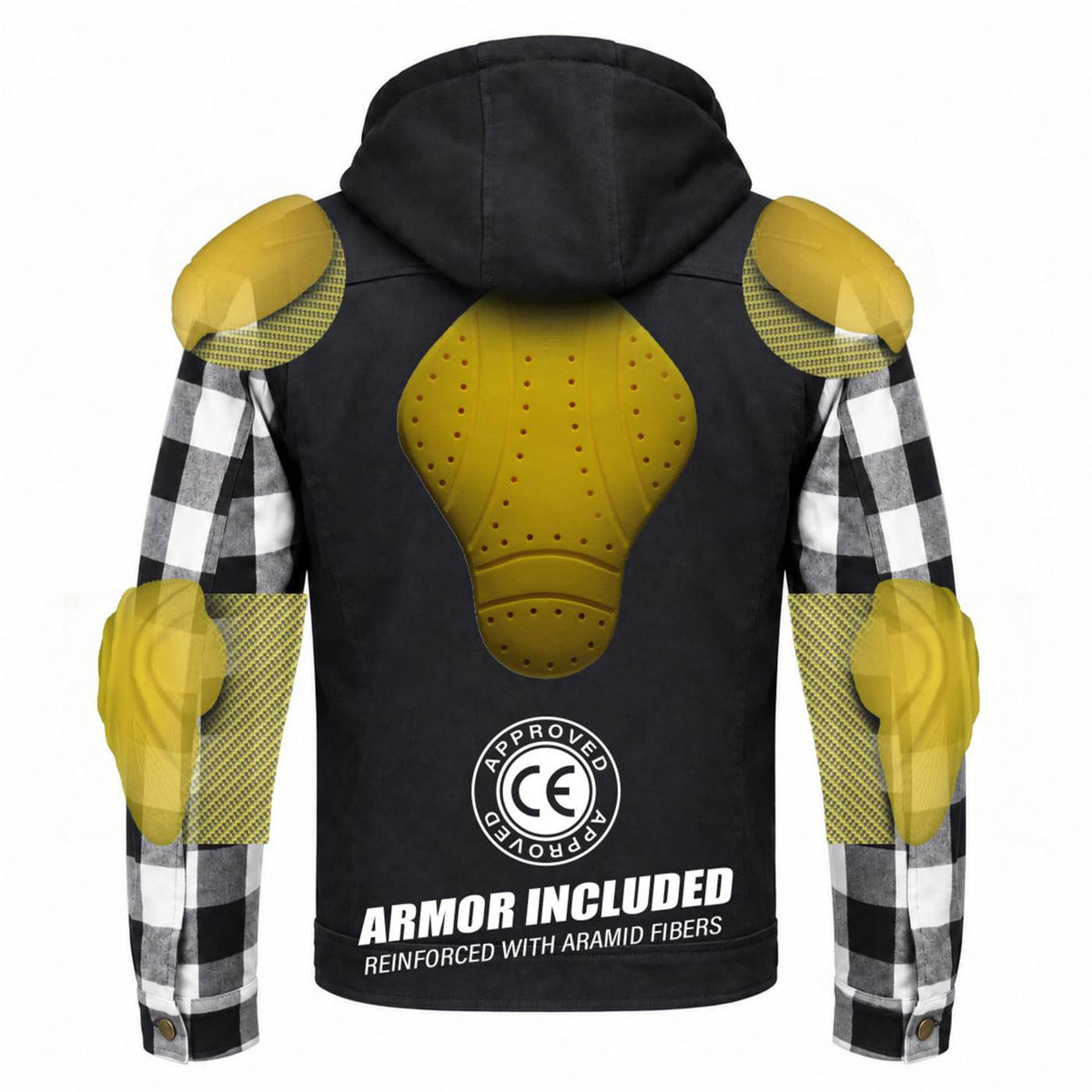 MMCC Men's Gridlock Black/White 14 oz Denim & Plaid Armored Hooded Motorcycle Jacket - MMC10101