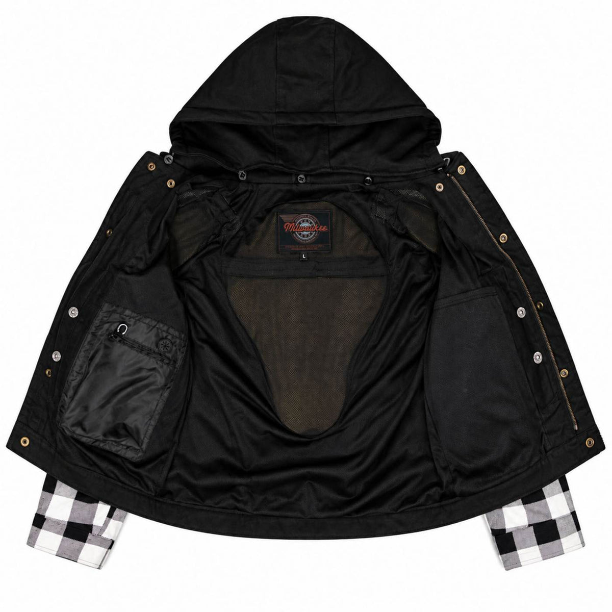 MMCC Men's Gridlock Black/White 14 oz Denim & Plaid Armored Hooded Motorcycle Jacket - MMC10101