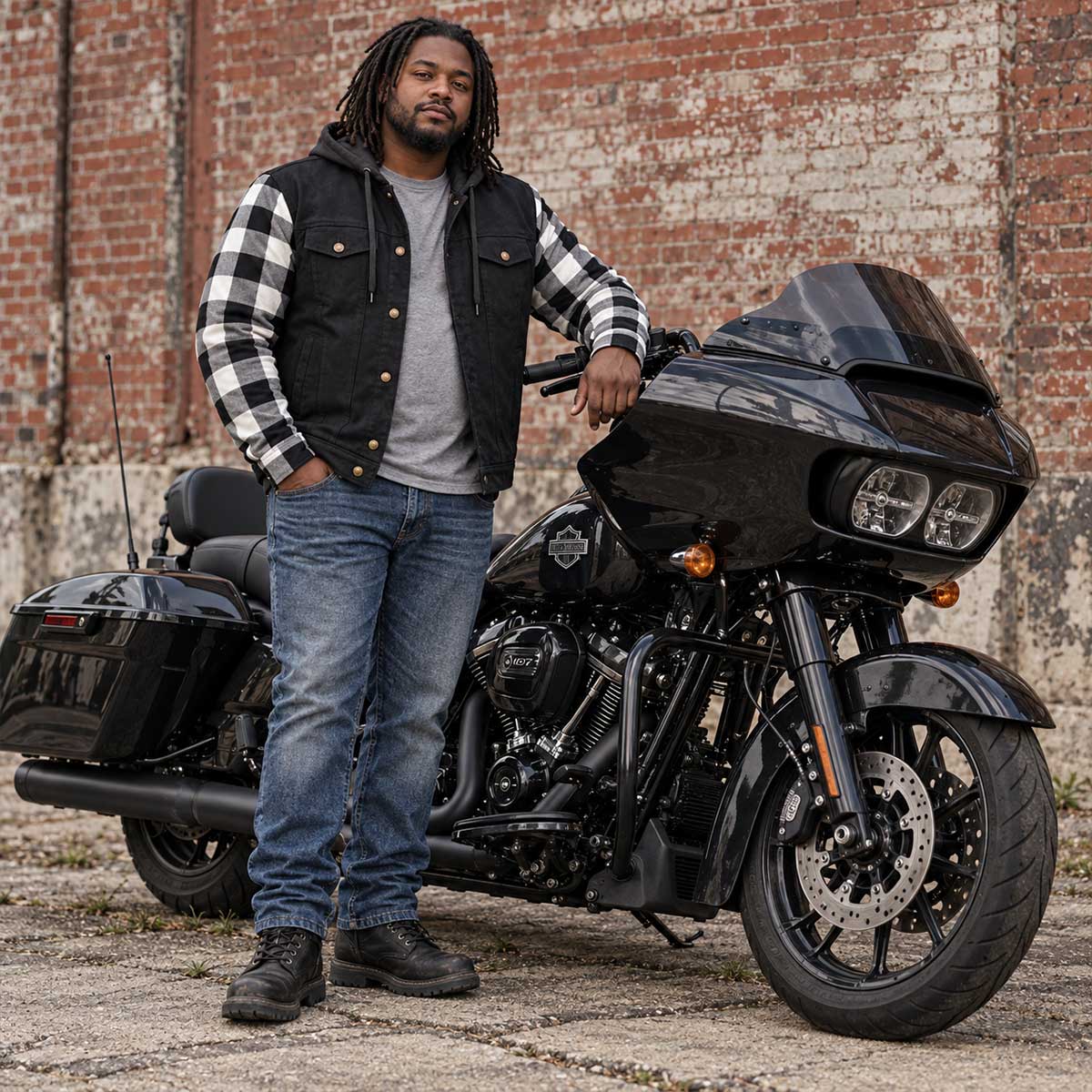 MMCC Men's Gridlock Black/White 14 oz Denim & Plaid Armored Hooded Motorcycle Jacket - MMC10101