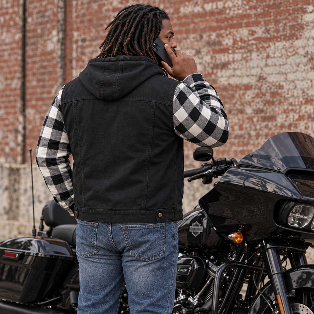 MMCC Men's Gridlock Black/White 14 oz Denim & Plaid Armored Hooded Motorcycle Jacket - MMC10101