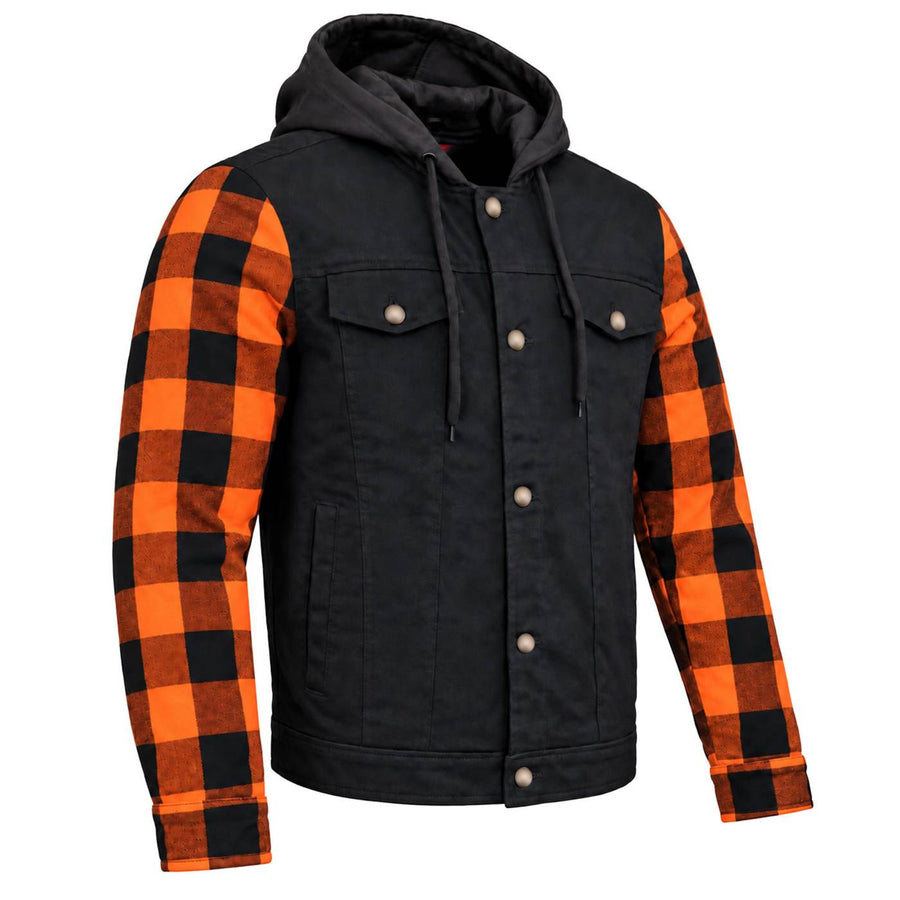 MMCC Men's Gridlock Black/Orange 14 oz Denim & Plaid Armored Hooded Motorcycle Jacket - MMC10102