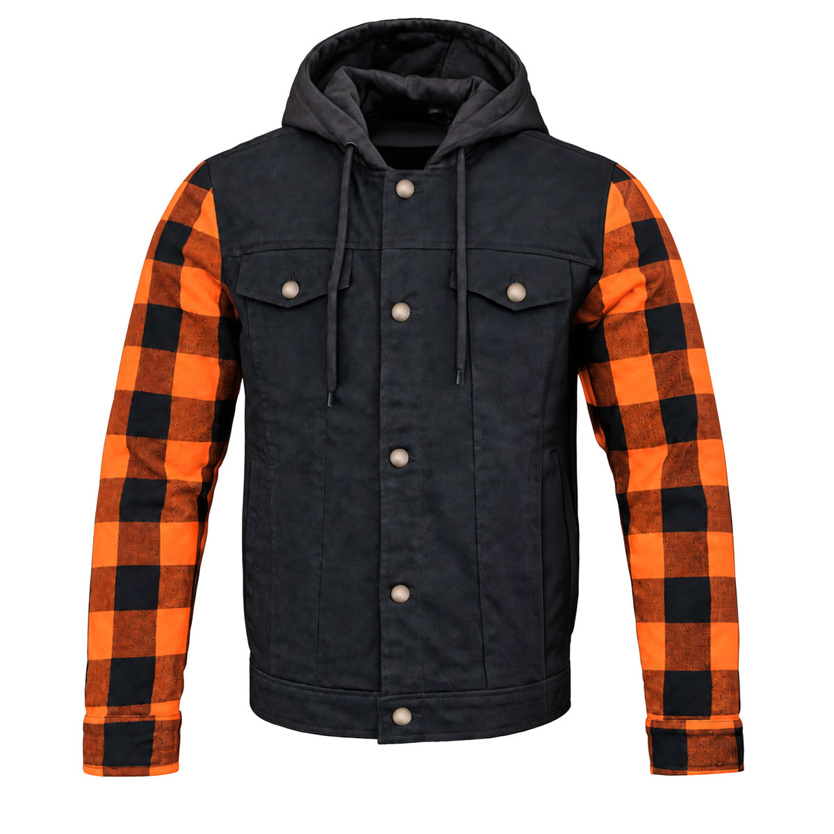 MMCC Men's Gridlock Black/Orange 14 oz Denim & Plaid Armored Hooded Motorcycle Jacket - MMC10102