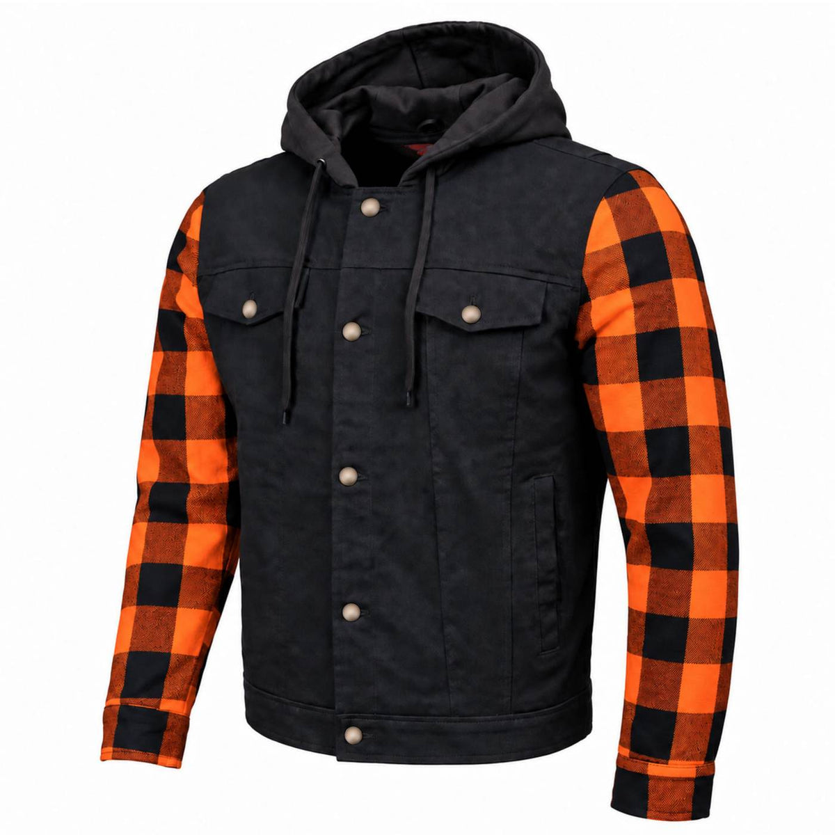 MMCC Men's Gridlock Black/Orange 14 oz Denim & Plaid Armored Hooded Motorcycle Jacket - MMC10102